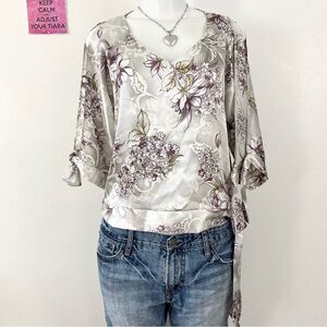 Fashion Bug Floral Satin Blouse in Cream and Purple